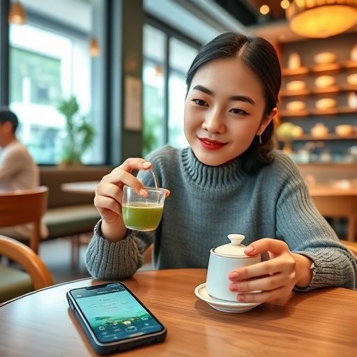 年轻人在茶肆中使用微信