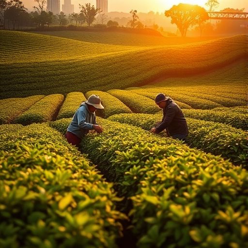 广州茶园清晨采茶景象