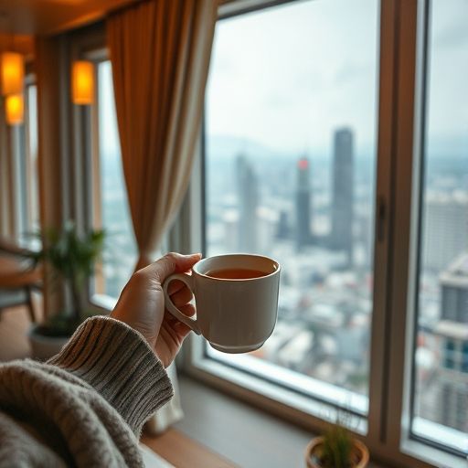 室内手持暖茶与深圳天际线