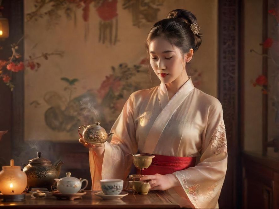 一位茶艺师正在进行茶道表演的特写，动作温柔优雅，背景是柔和的灯光和古典的装饰