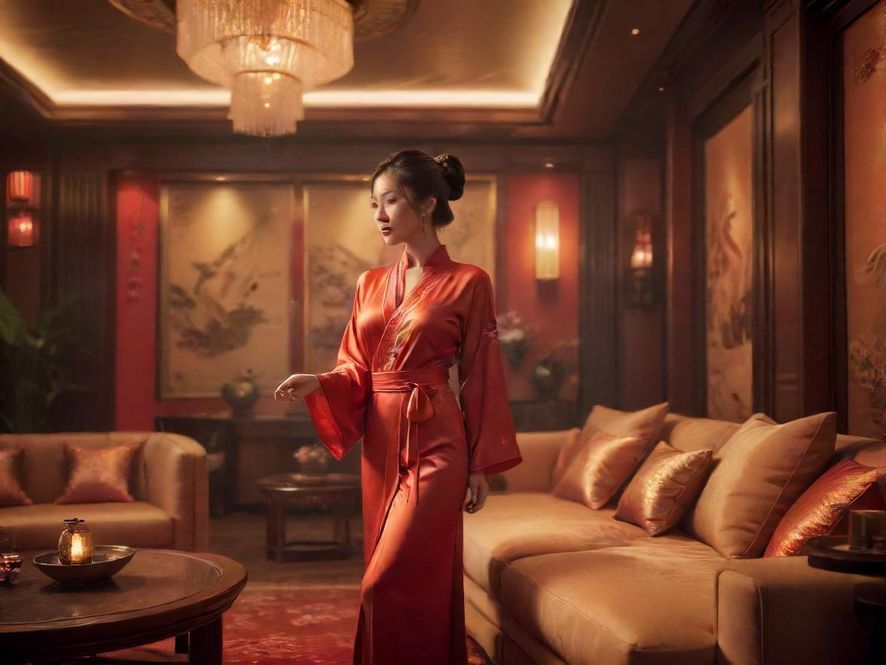 深圳高端会所内部一角，暖色灯光营造出奢华舒适的氛围，仿佛置身于都市绿洲。