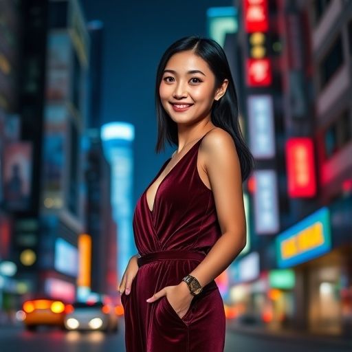 在广州夜景下自信微笑的女性