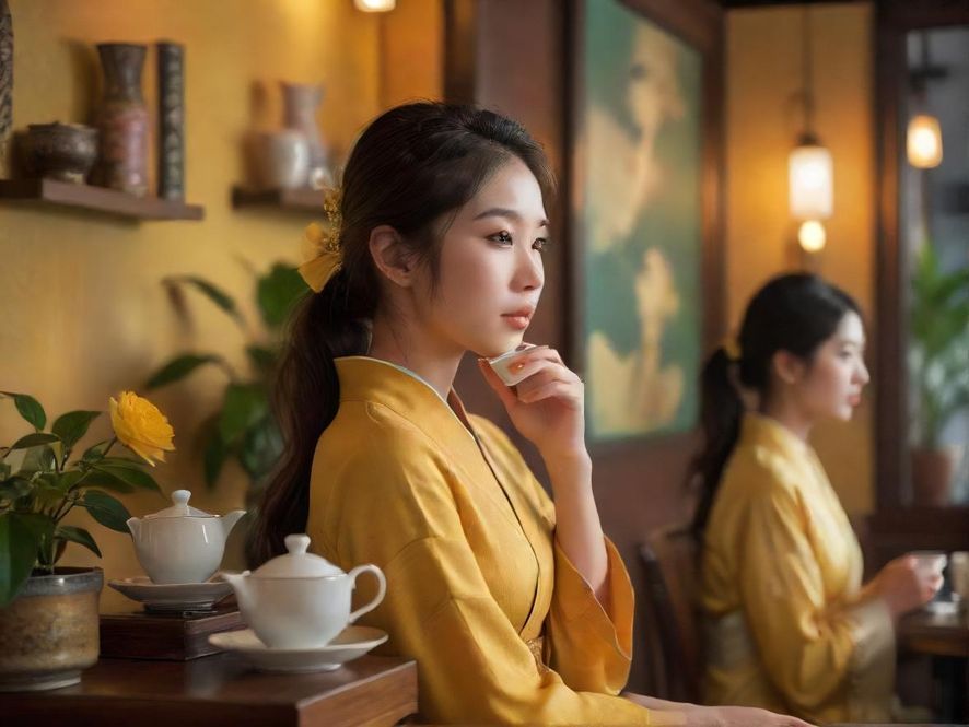 深圳喝茶美女雅致茶室场景