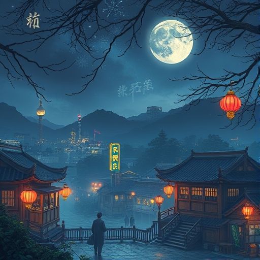 夜晚霓虹灯下模糊的人影，充满都市夜生活气息