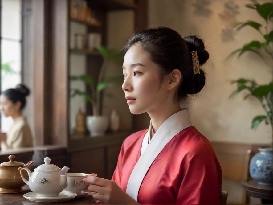 一位气质优雅的茶艺师正在为客人泡茶，背景是古色古香的茶室