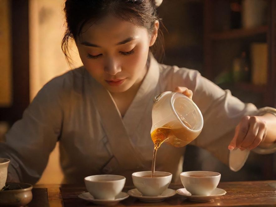 深圳罗湖一位气质优雅的茶艺师在雅致的茶席上，专注地为客人斟茶，光影唯美