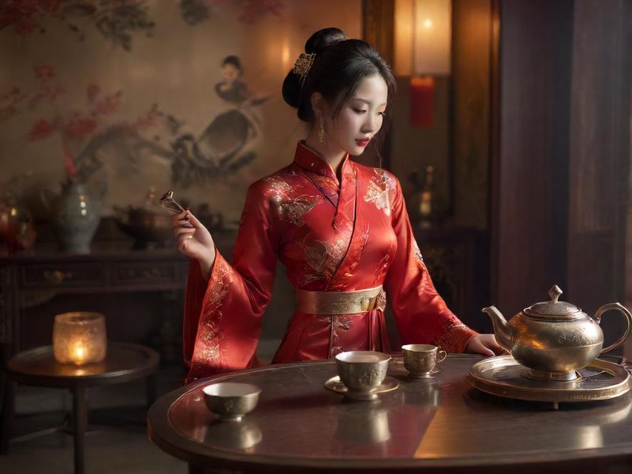 一套精致的茶具摆放在茶几上，背景是柔和灯光下的现代中式包间