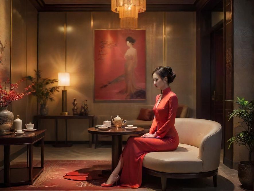 广州高端茶社私密包厢，暖色调光影，现代中式风格