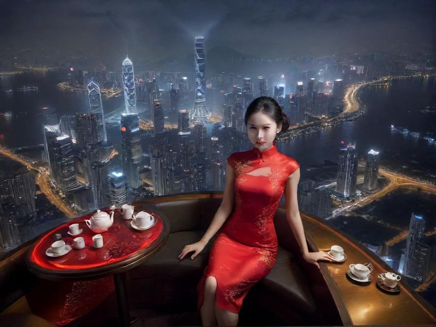 深圳高端茶室俯视图，展现现代简约风格与都市夜景