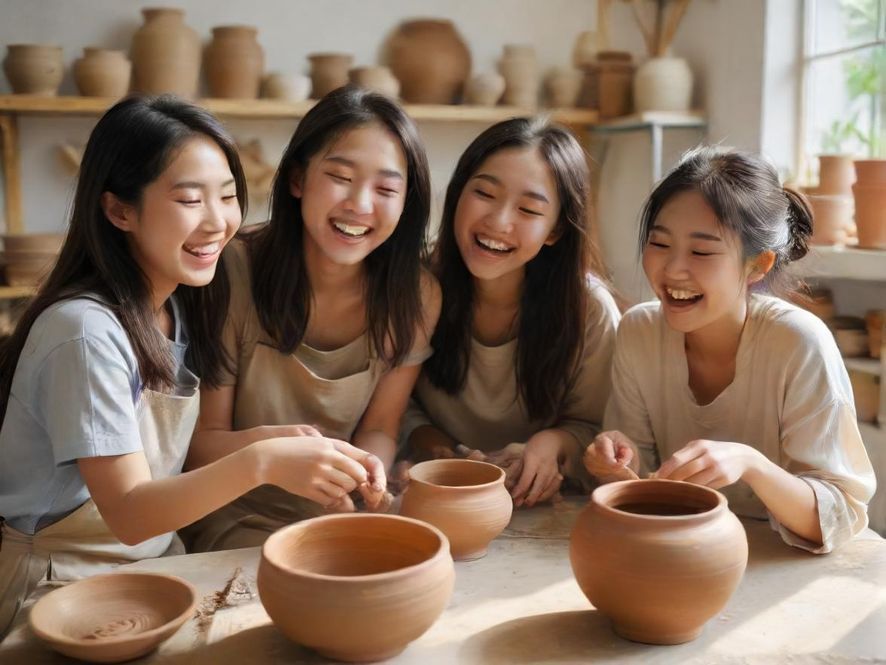 花社区学员们在陶艺课堂上尽情创作，欢声笑语不断