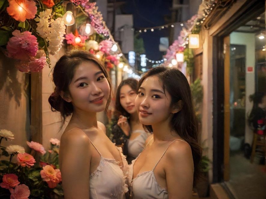 花舍区夜晚的浪漫街景，温馨灯光与小巷交相辉映