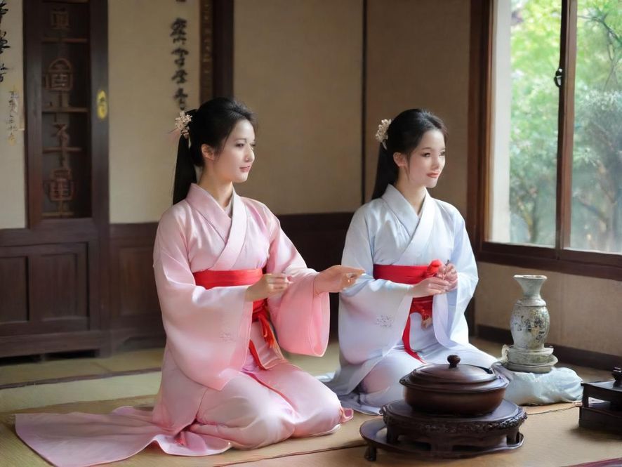 一间设计雅致的茶室，光线柔和，氛围宁静