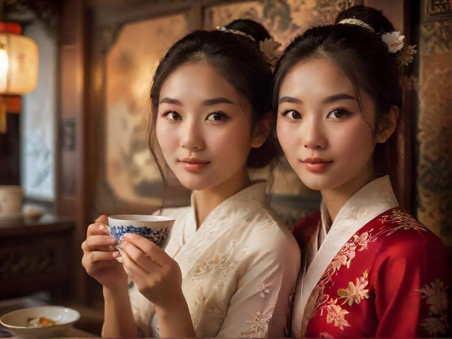 一位优雅的女士在茶馆中品茶，享受宁静时光