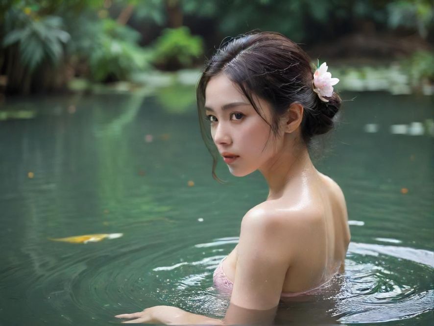 一位女性在水疗池中放松，背影面向远方，构图唯美，光线自然，营造出宁静放松的意境。