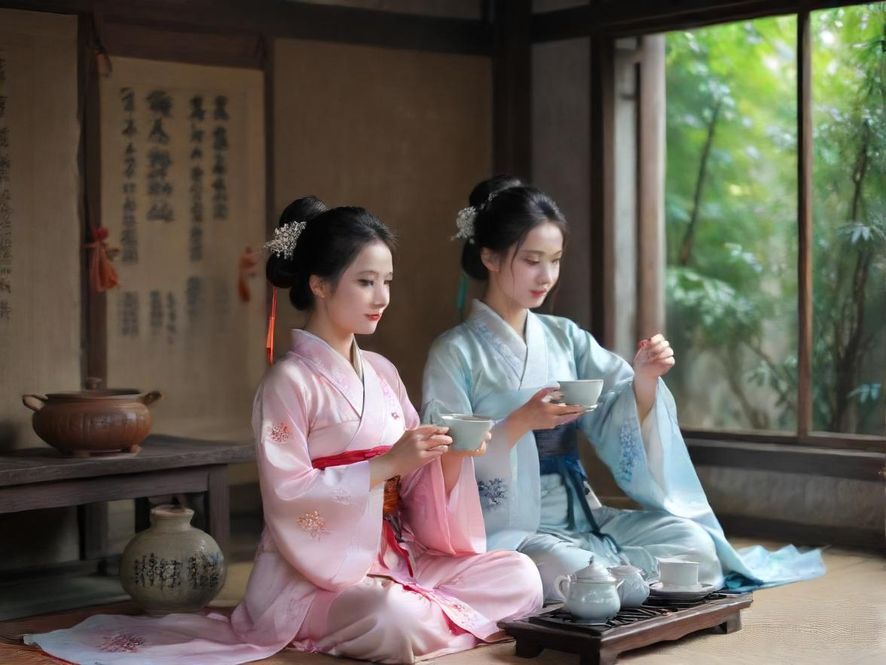 优雅熟女在中式茶室倒茶