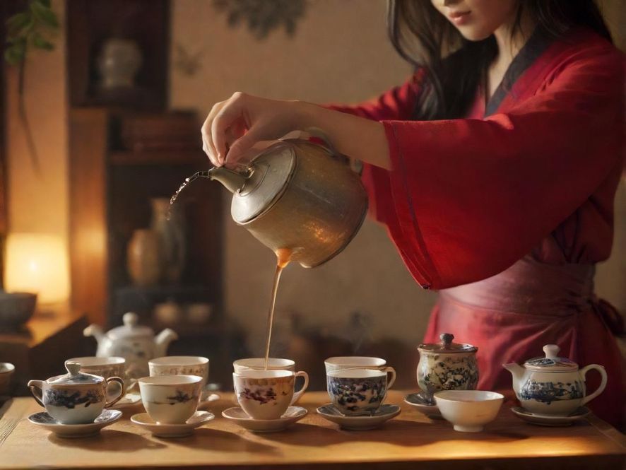 特写镜头下的茶艺师，专注地冲泡着茶，光影交错，茶具精致。