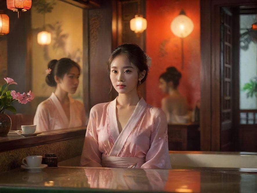 广州天河一间充满古典韵味的茶室，光影交错，营造出静谧雅致的氛围。