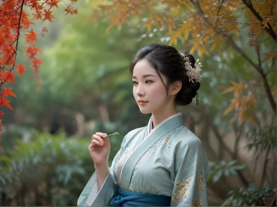 一个在柔和灯光下品茶的女性侧影