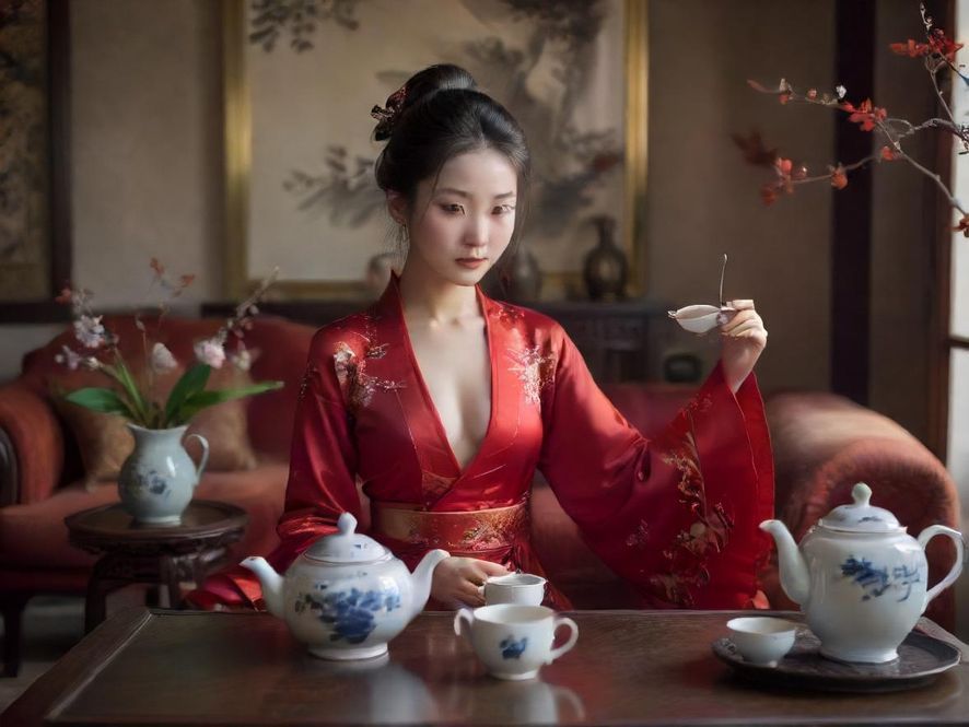 一套精致的茶具摆放在舒适的客厅环境中，营造出宁静雅致的氛围。