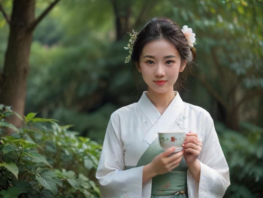 在现代中式会所的温馨角落，一位气质优雅的女子与茶客正进行着轻松愉快的对话，氛围和谐而私密。