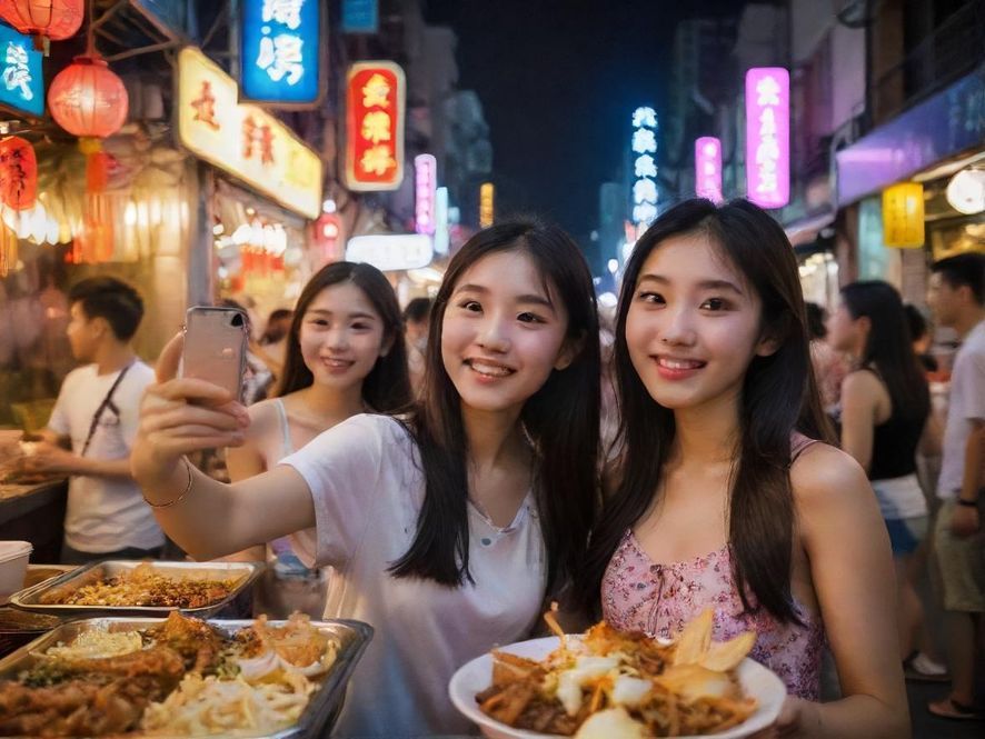 广州天河龙洞美食街夜景,各色小吃摊位灯火通明,人潮涌动,充满烟火气