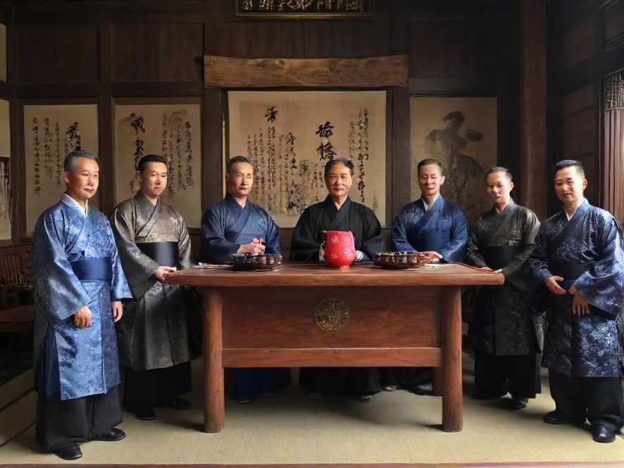 一品香阡陌社区的居民们在户外草坪上温馨聚会，有大人有小孩，大家脸上都洋溢着幸福的笑容，远处是社区的建筑和绿植。