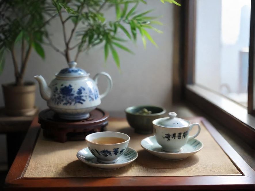 一间温馨雅致的茶室,阳光透过雕花窗格洒在古朴的木桌上,茶具精巧,茶香四溢。