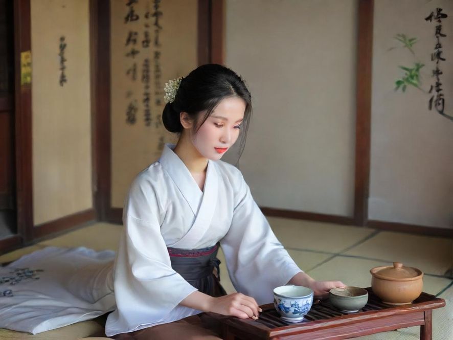 一位气质优雅的女性在光线柔和的茶室中，侧面特写，展现出宁静与放松的姿态。