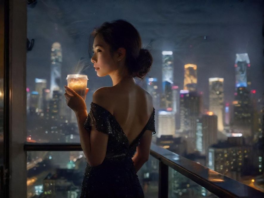 一位时尚都市女性手持咖啡，背对镜头眺望璀璨的城市夜景，享受着自由与惬意。