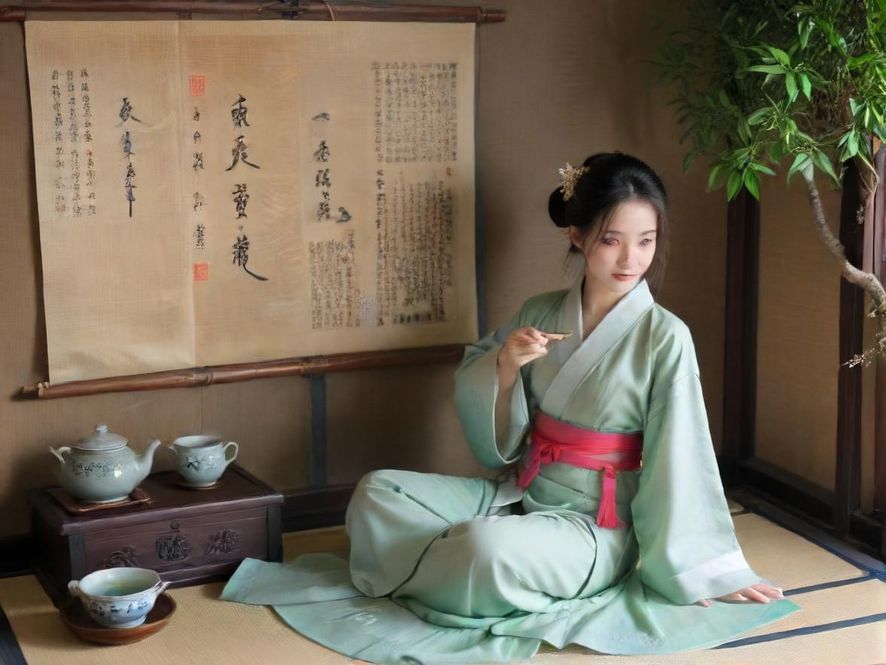 一位气质优雅的女士正在私密茶室中品茗,茶香袅袅,背景雅致