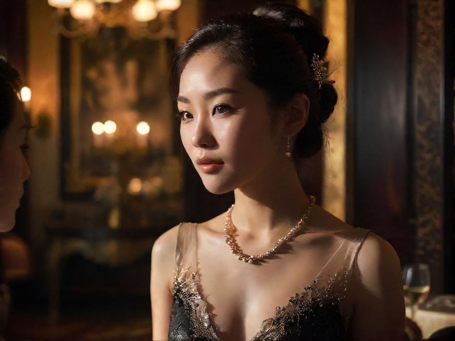 一位气质优雅的女士在品凤阁内与人轻松交谈，光影交错间，尽显奢华与私密。