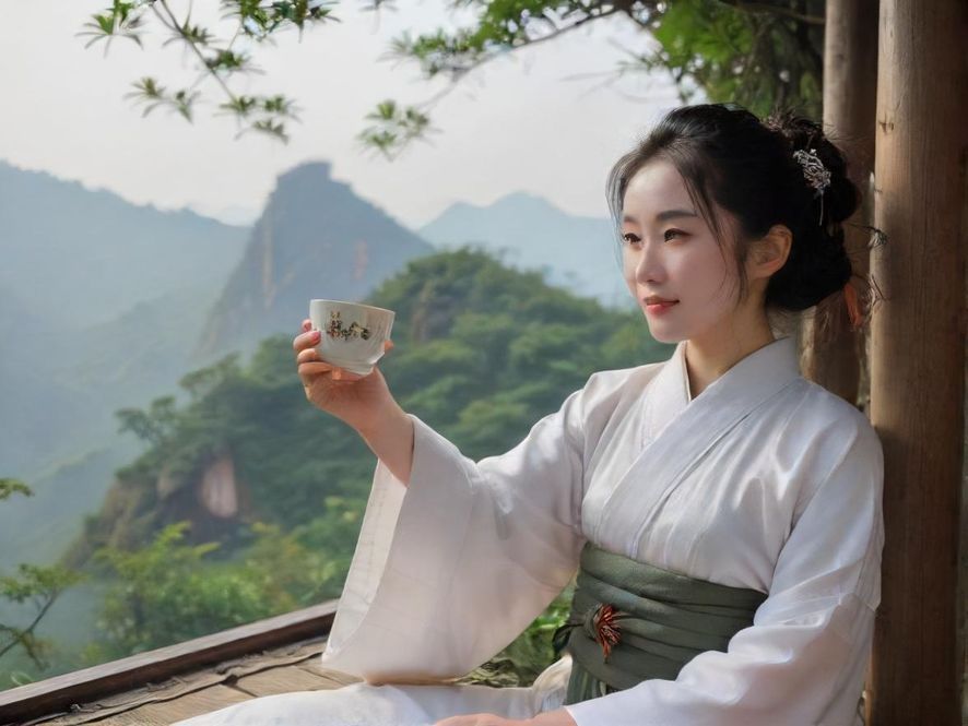 一位气质优雅的佛山女士在充满岭南风情的茶馆中品茗,侧脸在阳光下显得格外宁静美好。