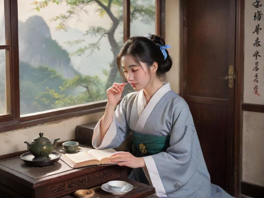 一位女士在雅致的茶室中品茶,享受宁静时光