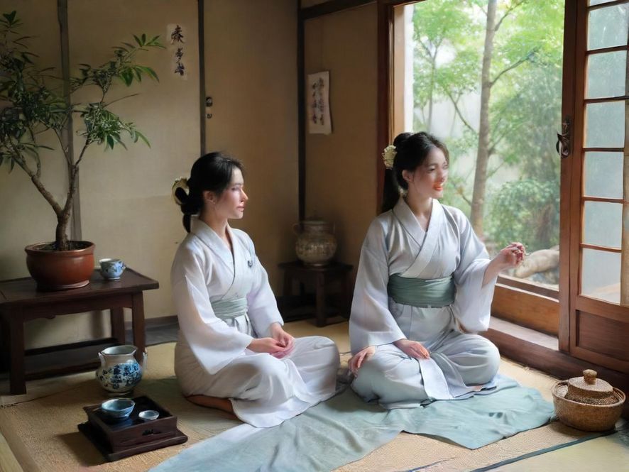 一位气质优雅的女士在深圳温馨茶室中品茗,茶艺师正在为她沏茶,氛围宁静放松。