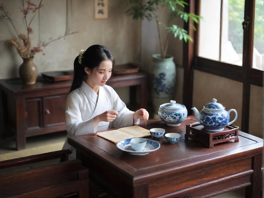 夕阳下的西安古风茶室，茶香袅袅，令人心旷神怡