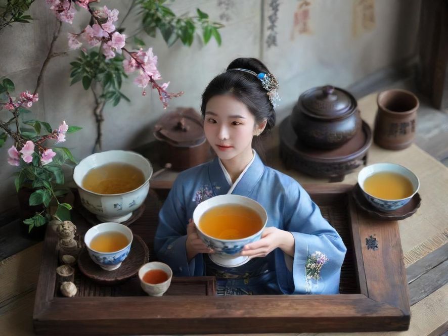 一位女士侧身坐在百花园舒适的沙发上，在柔和的光线中品尝香茗，身旁摆放着精致的茶具