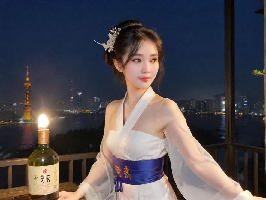 一位女性在城市酒吧中享受夜生活，灯光朦胧，氛围轻松愉悦。