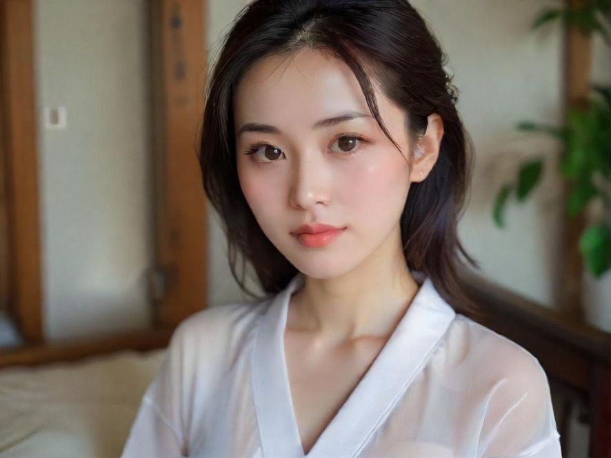 一位身着淡雅服饰的女子,在深圳一间充满古典韵味的茶室中,侧身轻嗅茶香,窗外绿意盎然,营造出宁静而唯美的意境。