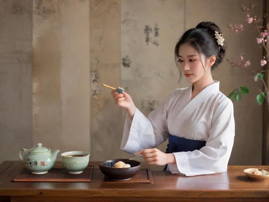 一位都市女性在一家私房茶馆里,侧面特写,电影感的柔和光影下,她正在优雅地品鉴茶饮,享受生活。