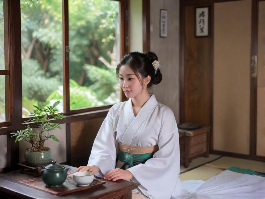 一位气质优雅的女士正在温馨雅致的茶室中品茶