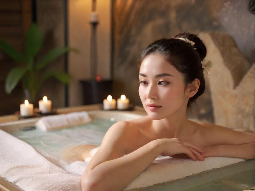 一位女士正在享受足部按摩，画面聚焦在她的脚部，光线柔和，背景是现代风格的SPA会所，营造出宁静放松的氛围。