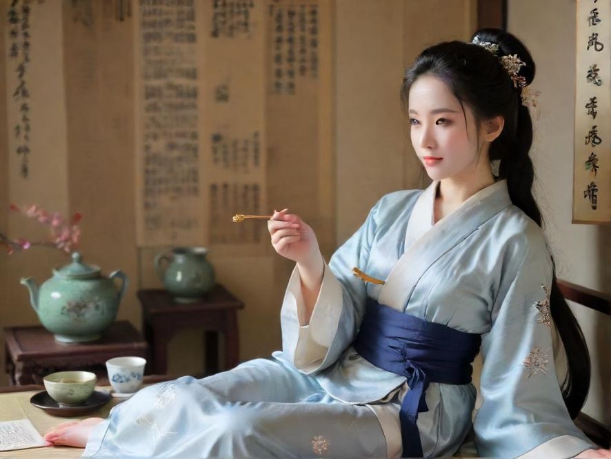 一间充满古韵的茶室，一位优雅的女子侧身而坐，静静品茶，营造出宁静致远的氛围。